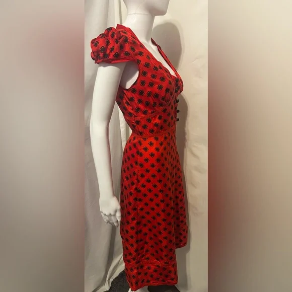 Rare Vintage Marc Jacobs Sz 6 100% Silk Red FloralPuff Sleeve Midi Dress Retro - Picture 5 of 9